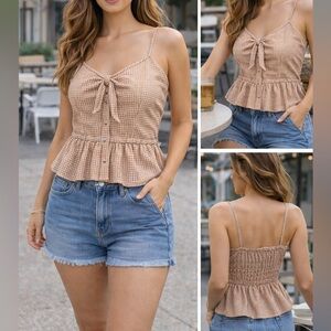 Japna Gingham Tie Front Peplum Camisole Top Small Cottagecore Boho Neutral Clean